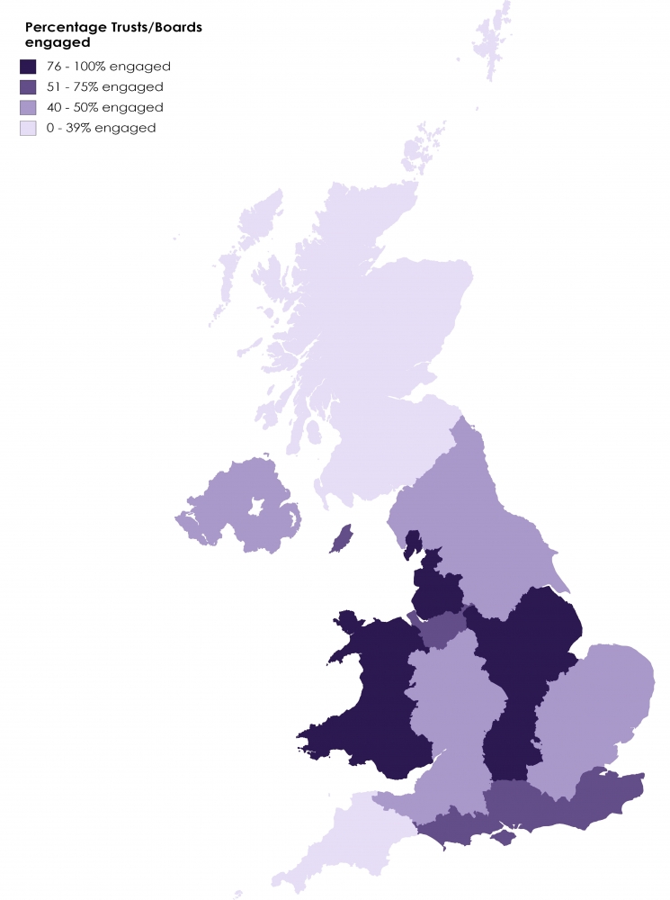 Map of the UK with regions coloured to indicate the level of engagement with ACSA