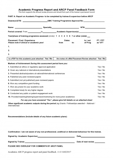 Academic progress report and ARCP panel feedback form